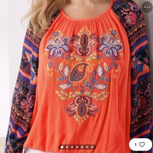 Soft Surroundings Blame Rio Embroidered Peasant Top in Hot Coral Size XL